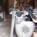 Skull Knight Fiberglass Armor and Weaponry from mold, painted.