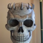 Skull Knight helmet front view after dark wash technique.