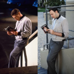 Traditional side by side comparison for Biff from Back to the Future, exact same spot both are standing 29 years apart.