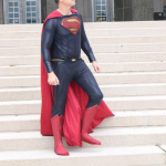 Superman on the steps of The Daily Planet