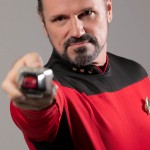 Commander Riker Cosplay in focus, Phaser foreground; T Kirk Photos